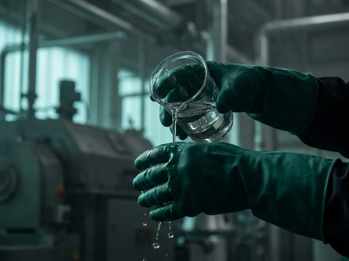 Chemicky odolné rukavice při manipulaci s chemikálií
